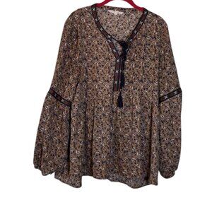 Tan and Navy Paisely Peasant Top, Size Large